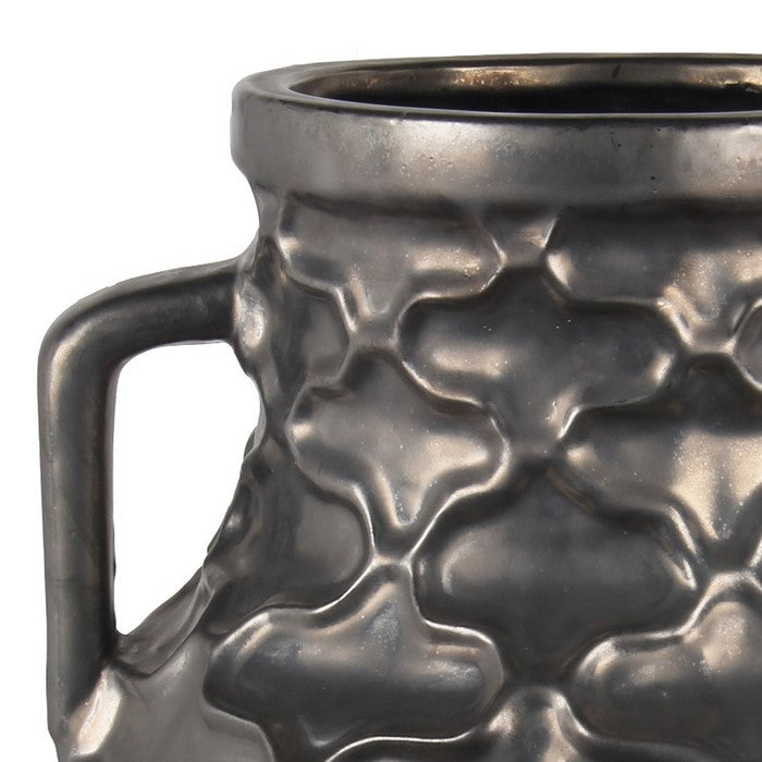Ceramic Vase with Embossed Quatrefoil Design and 2 Handles, Large, Gray