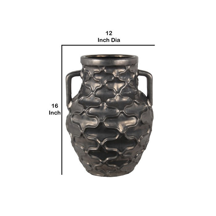 Ceramic Vase with Embossed Quatrefoil Design and 2 Handles, Large, Gray