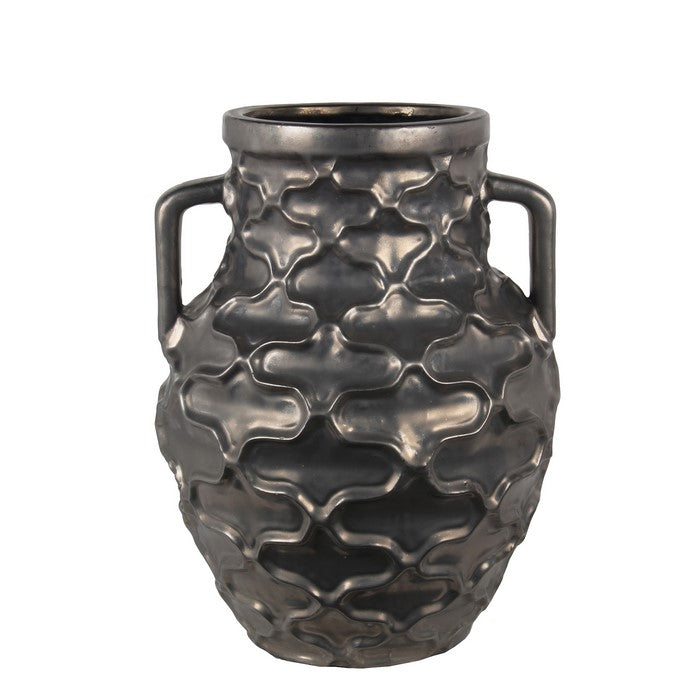 Ceramic Vase with Embossed Quatrefoil Design and 2 Handles, Large, Gray