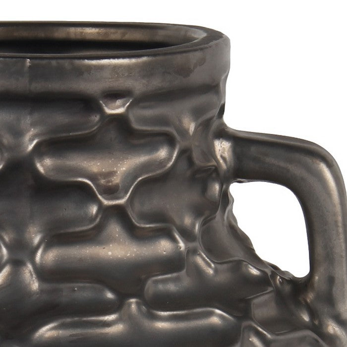 Ceramic Vase with Embossed Quatrefoil Design and 2 Handles, Small, Gray