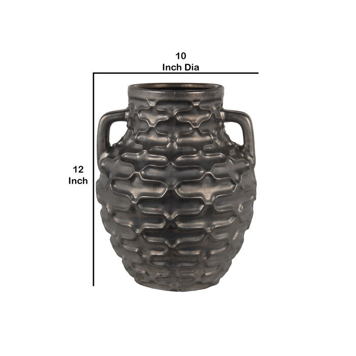 Ceramic Vase with Embossed Quatrefoil Design and 2 Handles, Small, Gray