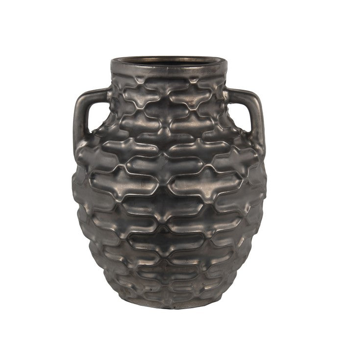 Ceramic Vase with Embossed Quatrefoil Design and 2 Handles, Small, Gray