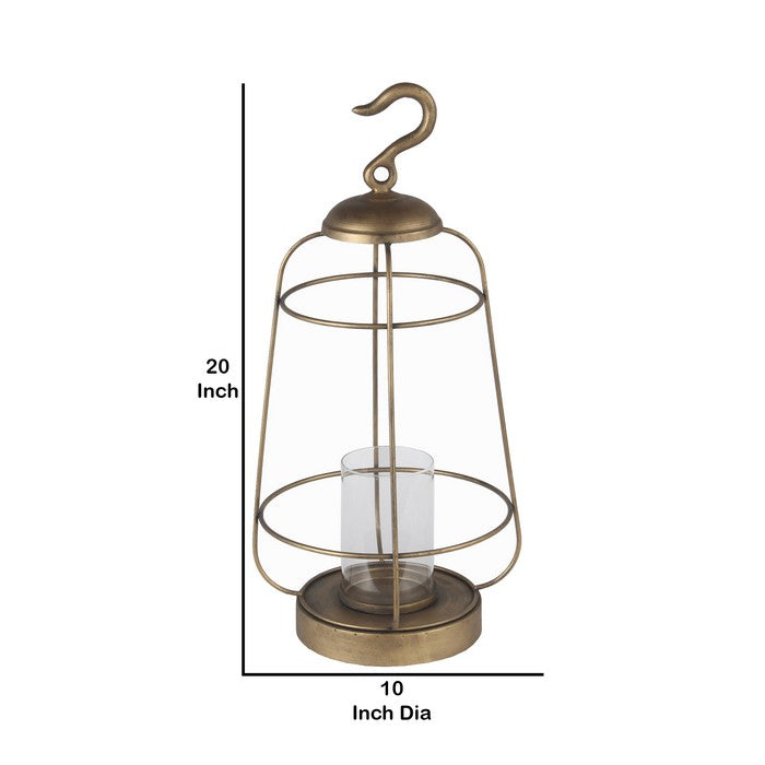 Cage Type Round Metal Lantern with Top Hook and Stable Base, Large, Gold