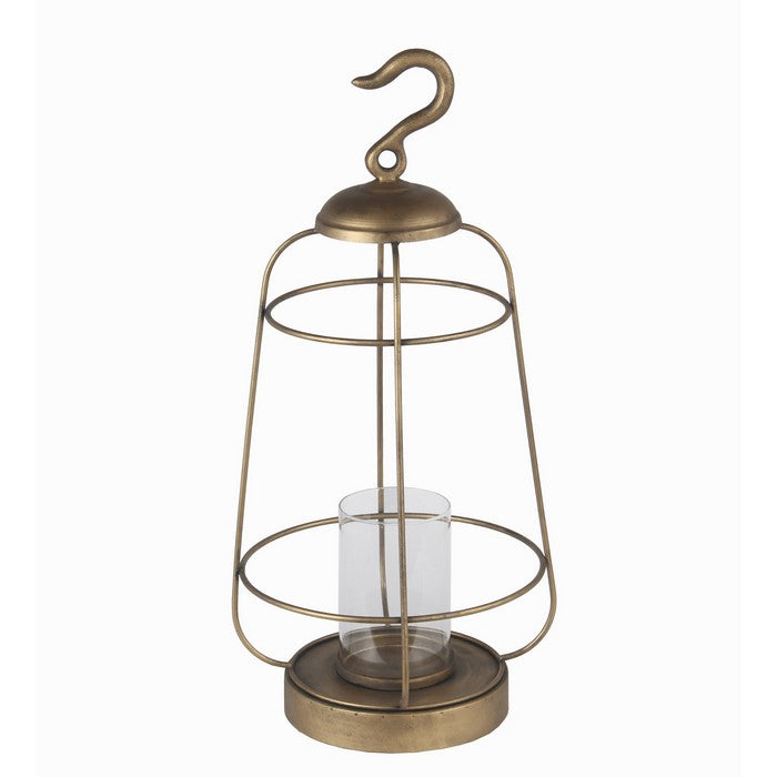 Cage Type Round Metal Lantern with Top Hook and Stable Base, Large, Gold