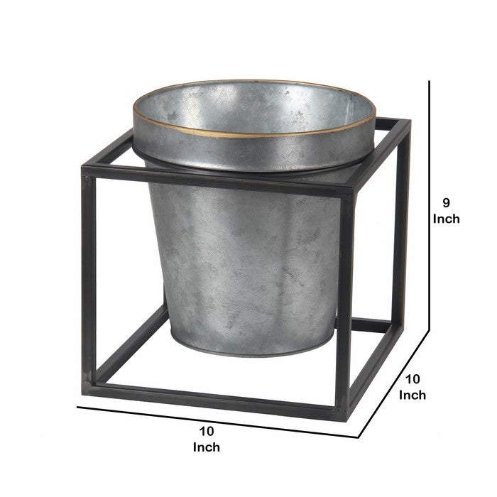 Industrial Style Metal Planter with Cubical Stand, Gray and Black