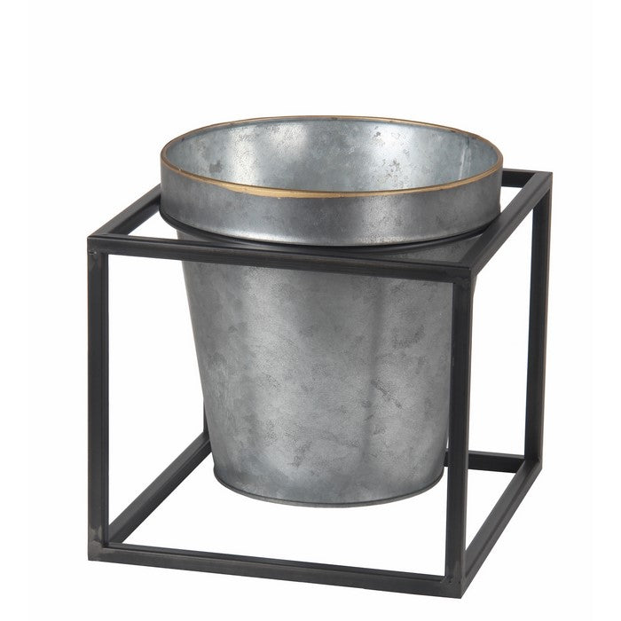 Industrial Style Metal Planter with Cubical Stand, Gray and Black
