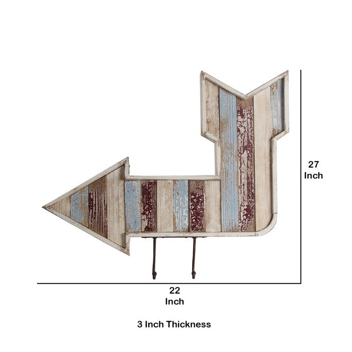 Wooden Wall Decor Arrow with 2 Hooks Pointing Downward and Left, Multicolor