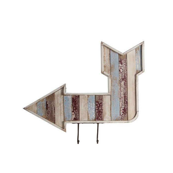 Wooden Wall Decor Arrow with 2 Hooks Pointing Downward and Left, Multicolor