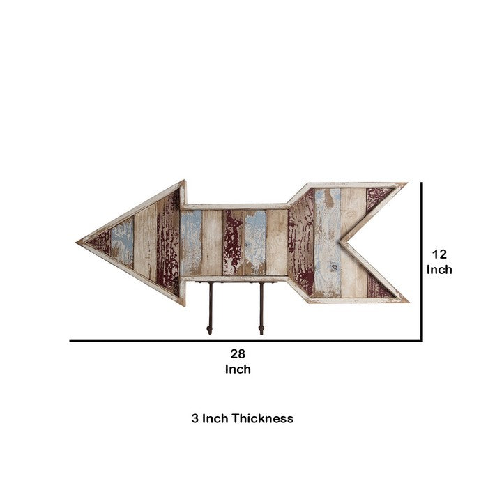 Wooden Wall Decor Arrow with 2 Hooks Pointing Left, Multicolor