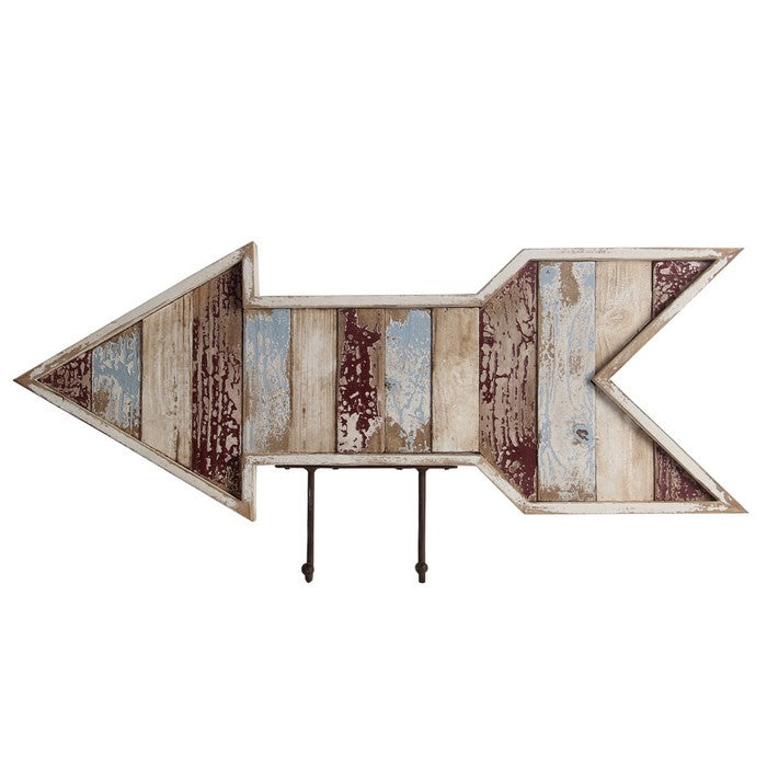 Wooden Wall Decor Arrow with 2 Hooks Pointing Left, Multicolor