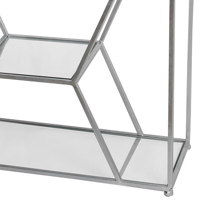 Metal Frame Bakers Rack with Hexagonal Design and 5 Glass Shelves, Silver