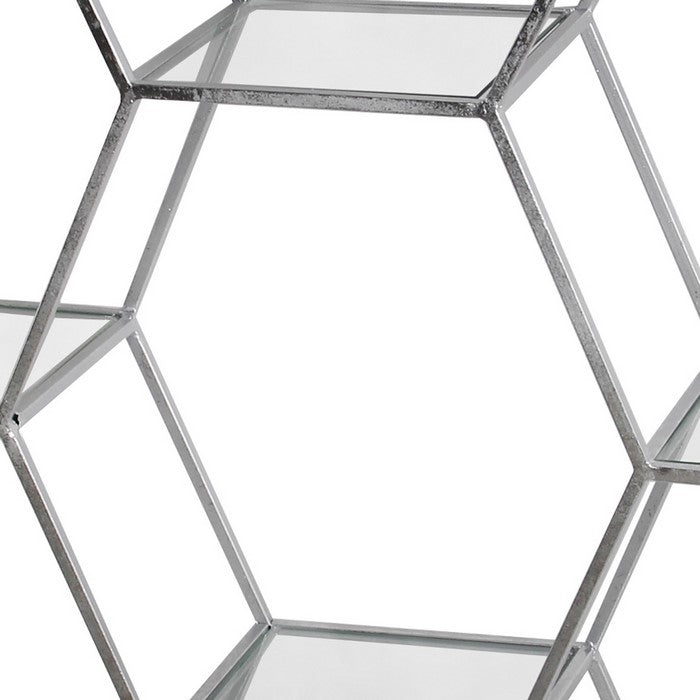 Metal Frame Bakers Rack with Hexagonal Design and 5 Glass Shelves, Silver