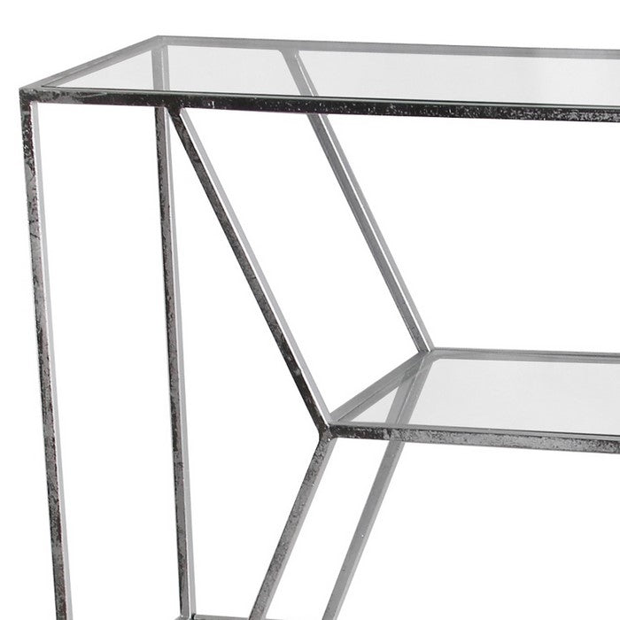 Metal Frame Bakers Rack with Hexagonal Design and 5 Glass Shelves, Silver