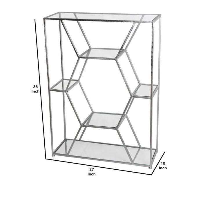 Metal Frame Bakers Rack with Hexagonal Design and 5 Glass Shelves, Silver