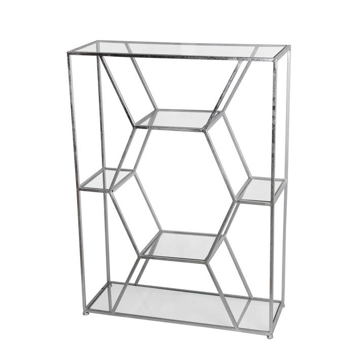 Metal Frame Bakers Rack with Hexagonal Design and 5 Glass Shelves, Silver