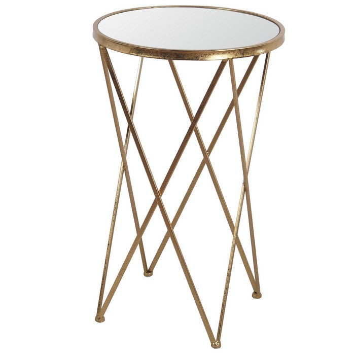 Round Glass Top Accent Table with Tubular Geometric Base, Set of 2, Gold