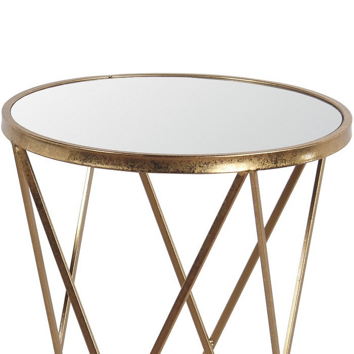 Round Glass Top Accent Table with Tubular Geometric Base, Set of 2, Gold