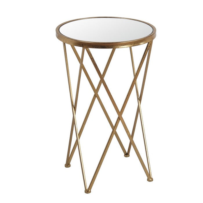 Round Glass Top Accent Table with Tubular Geometric Base, Set of 2, Gold