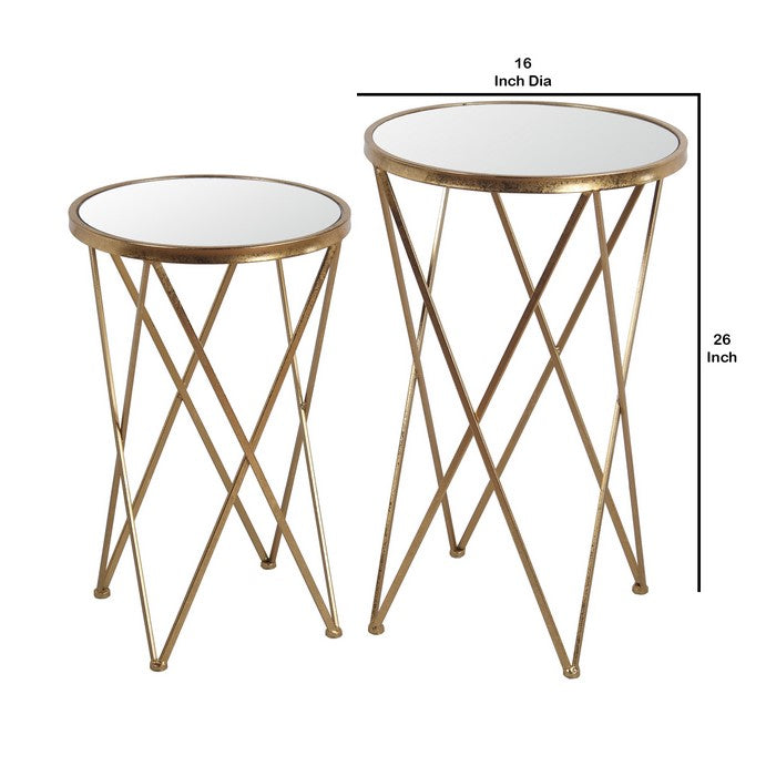 Round Glass Top Accent Table with Tubular Geometric Base, Set of 2, Gold