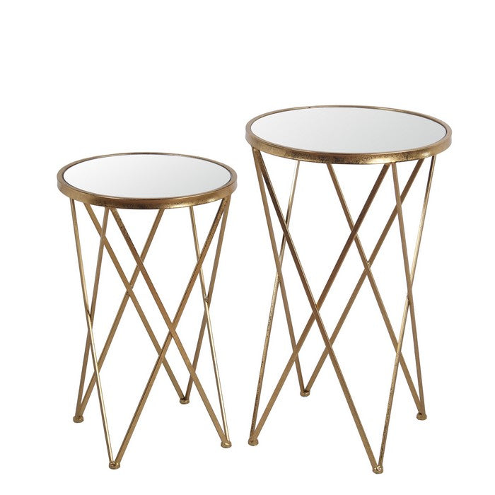 Round Glass Top Accent Table with Tubular Geometric Base, Set of 2, Gold