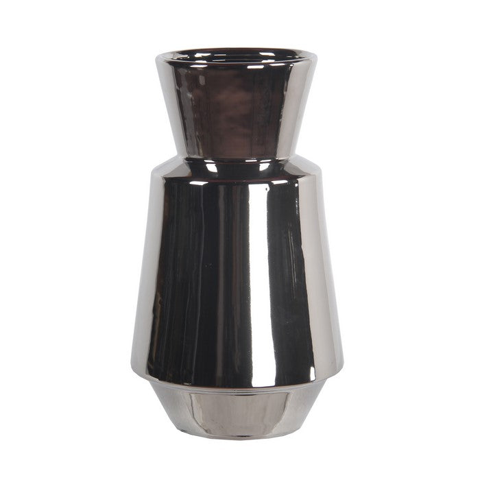 Round Ceramic Vase with Tapered Bottom and Flared Top, Large, Silver