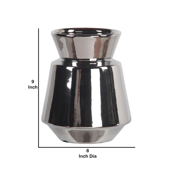 Round Ceramic Vase with Tapered Bottom and Flared Top, Small, Silver