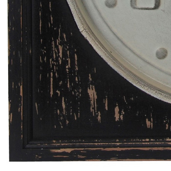 Round Wall Clock with Square Wooden Frame, Brown and White