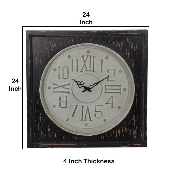 Round Wall Clock with Square Wooden Frame, Brown and White