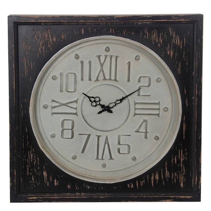 Round Wall Clock with Square Wooden Frame, Brown and White