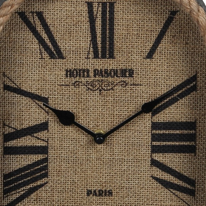 Arch Shape Metal Table Clock with Rope Edges and Handle, Gray and Brown