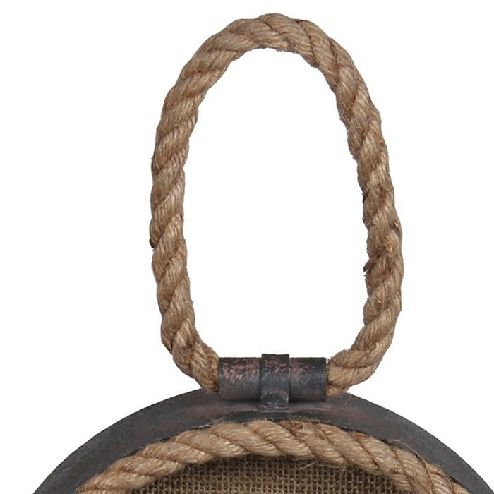 Arch Shape Metal Table Clock with Rope Edges and Handle, Gray and Brown