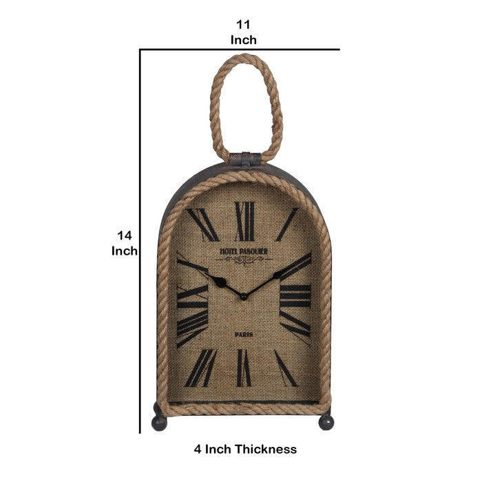 Arch Shape Metal Table Clock with Rope Edges and Handle, Gray and Brown