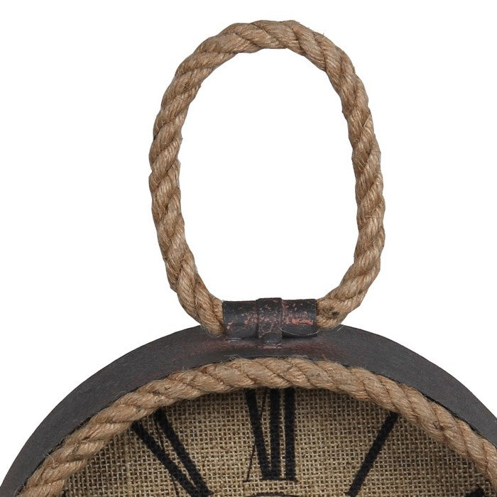 Round Metal Table Clock with Rope Edges and Handle, Gray and Brown
