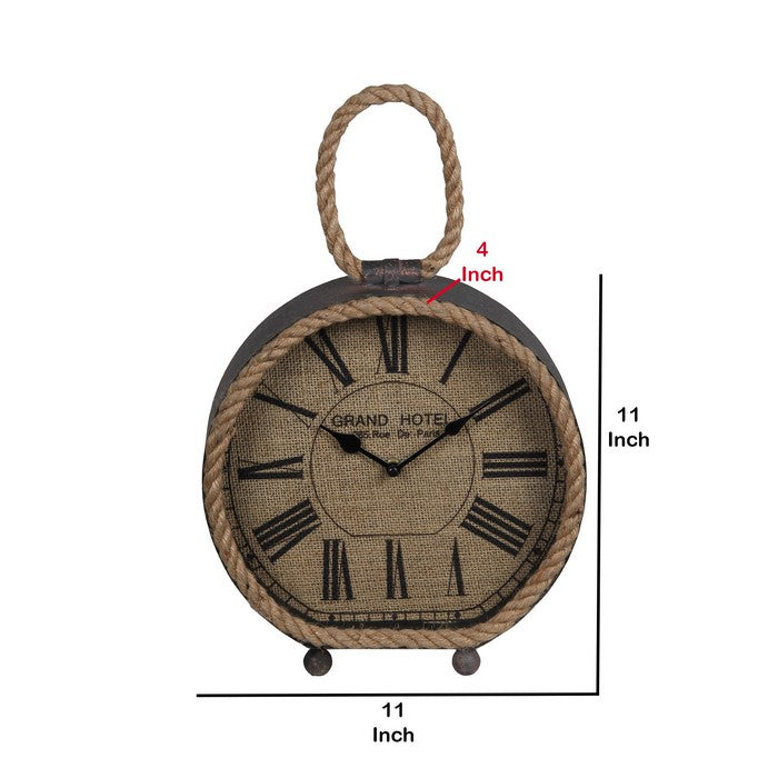 Round Metal Table Clock with Rope Edges and Handle, Gray and Brown