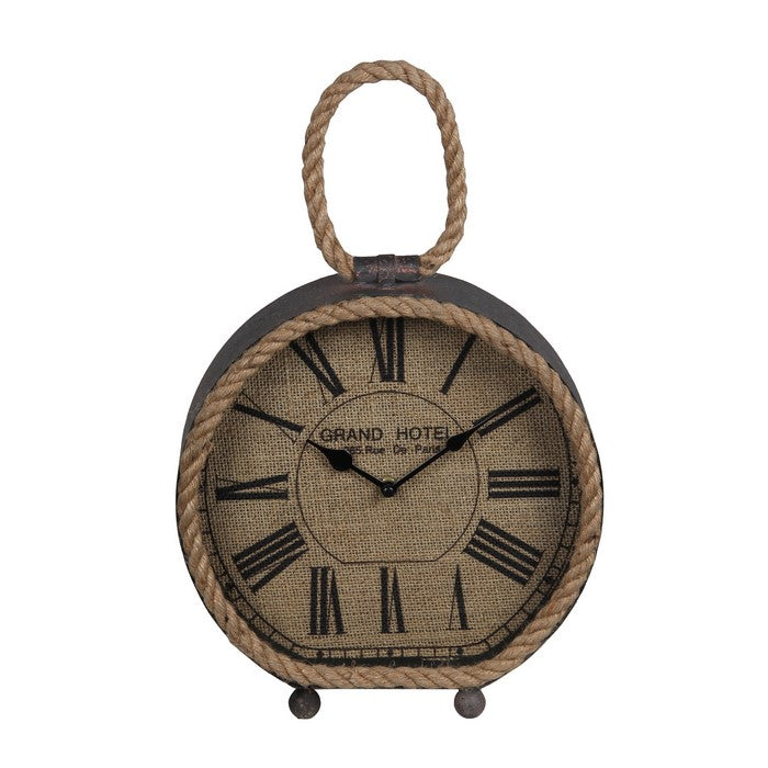 Round Metal Table Clock with Rope Edges and Handle, Gray and Brown