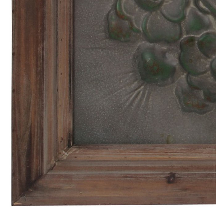 Wood and Metal Wall Decor with Embossed Floral Design, Gray and Brown