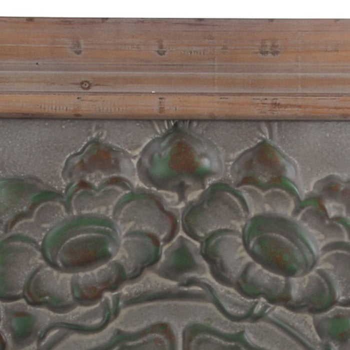 Wood and Metal Wall Decor with Embossed Floral Design, Gray and Brown