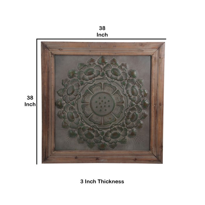 Wood and Metal Wall Decor with Embossed Floral Design, Gray and Brown