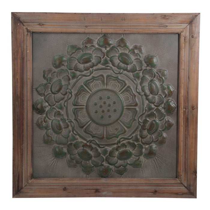 Wood and Metal Wall Decor with Embossed Floral Design, Gray and Brown