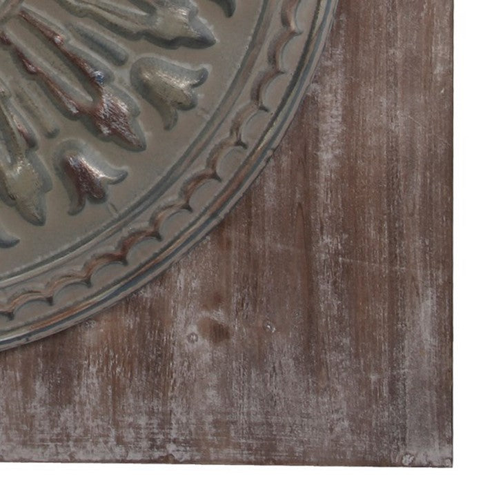 Wood and Metal Wall Decor with Embossed Medallion Design, Gray and Brown