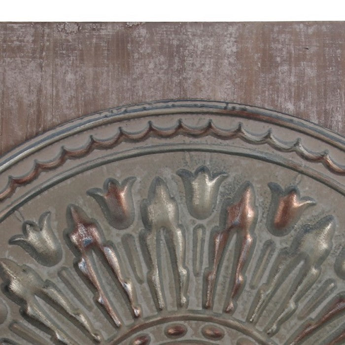 Wood and Metal Wall Decor with Embossed Medallion Design, Gray and Brown