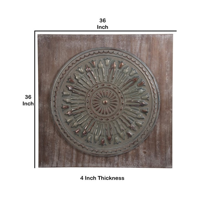 Wood and Metal Wall Decor with Embossed Medallion Design, Gray and Brown
