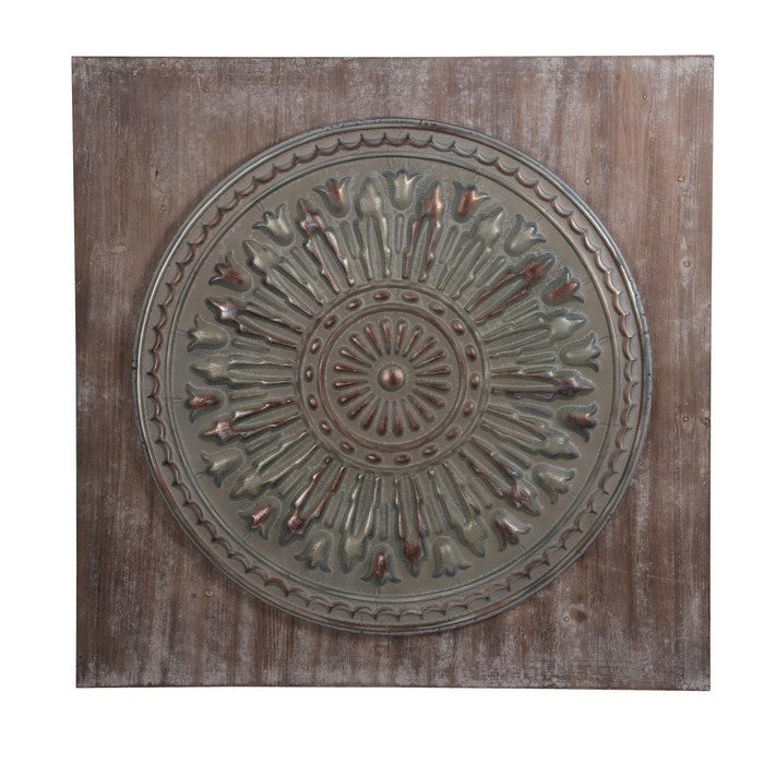 Wood and Metal Wall Decor with Embossed Medallion Design, Gray and Brown