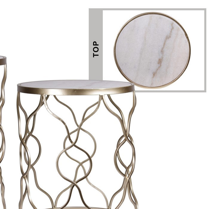 Marble Top Metal Table with Wavy Diamond Lattice Design, Set of 2, Gold