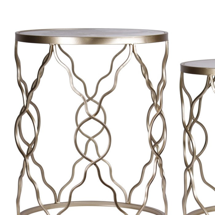 Marble Top Metal Table with Wavy Diamond Lattice Design, Set of 2, Gold