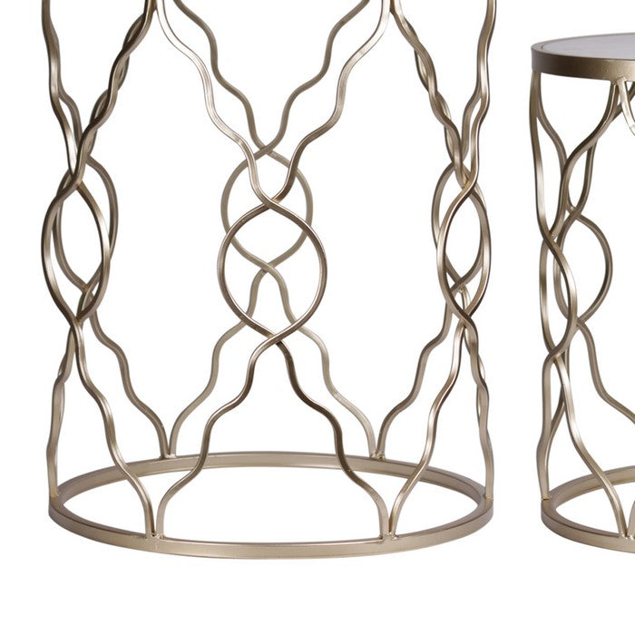 Marble Top Metal Table with Wavy Diamond Lattice Design, Set of 2, Gold