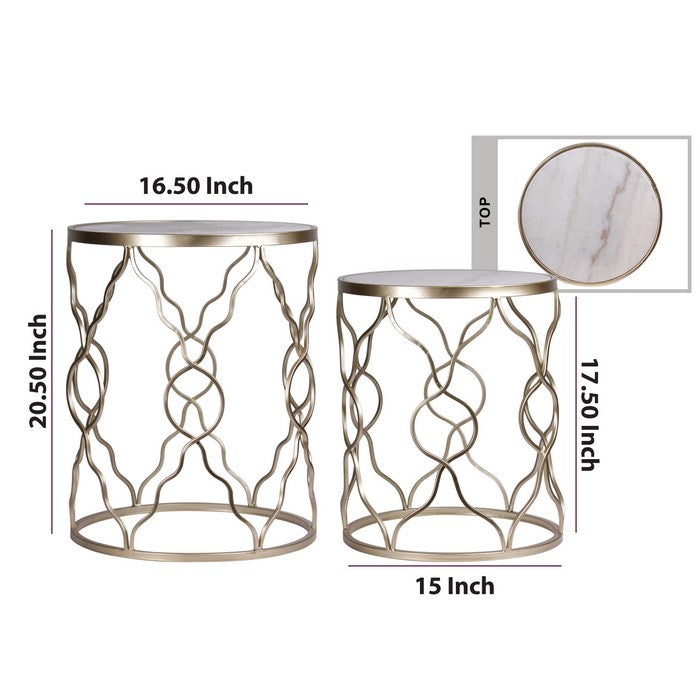 Marble Top Metal Table with Wavy Diamond Lattice Design, Set of 2, Gold