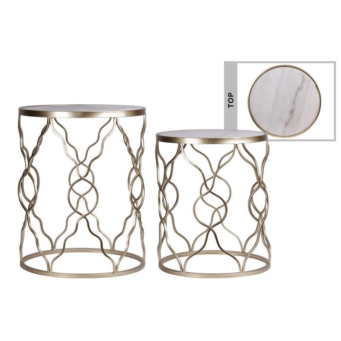 Marble Top Metal Table with Wavy Diamond Lattice Design, Set of 2, Gold