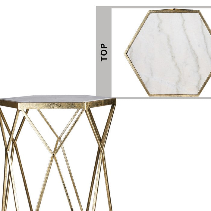 Metal Table with Hexagonal Marble Top and Diamond Design , Set of 2, Gold