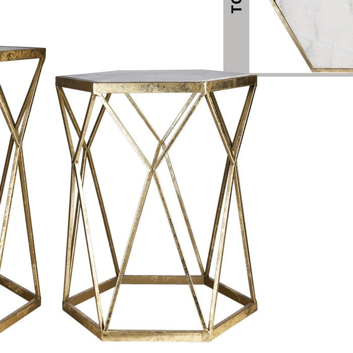 Metal Table with Hexagonal Marble Top and Diamond Design , Set of 2, Gold